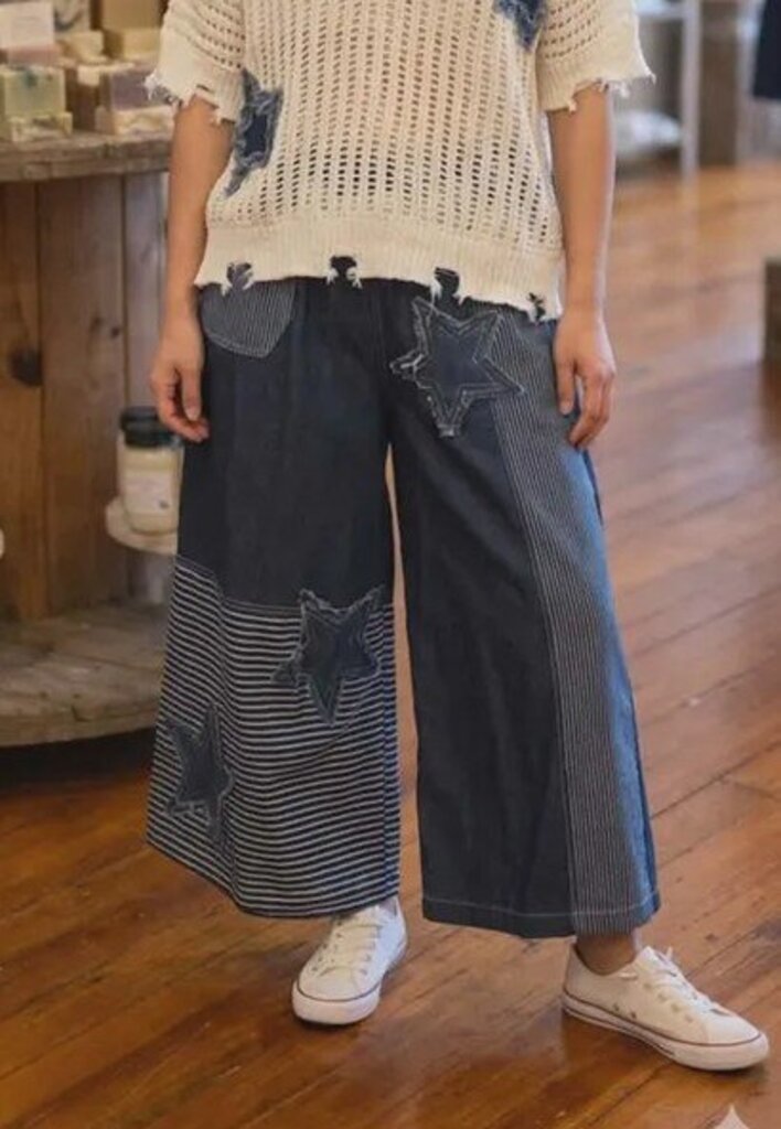 Frayed Star Patch Denim Wide Leg